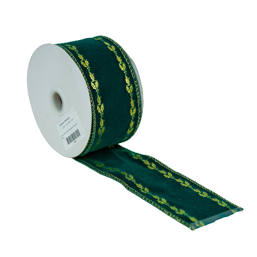 50mm Green Velvet Ribbon W/Gold Decor-0