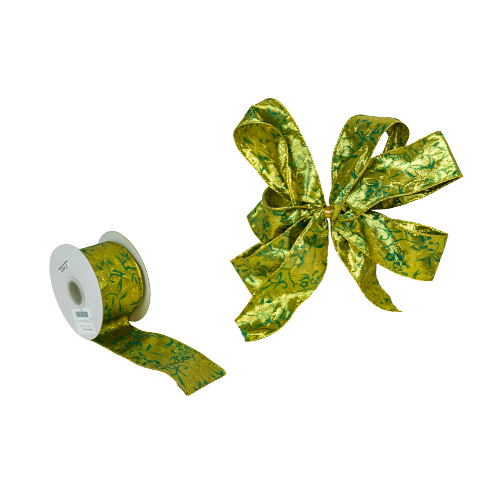 50mm x 10yds Green Ribbon W/Gold Design-0
