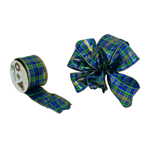 63mm x 10yds Blue/Green/Gold Wired Tartan Ribbon-0
