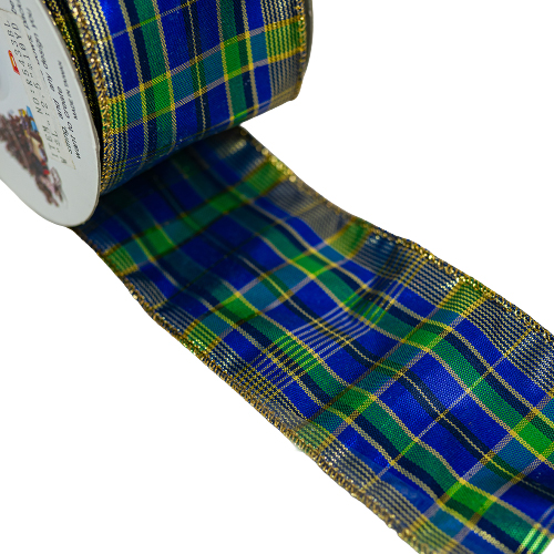 63mm x 10yds Blue/Green/Gold Wired Tartan Ribbon-25096