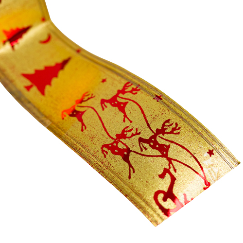 50mm x 10yds Stiff Foil Wired Edge Santa Red/Gold-25100