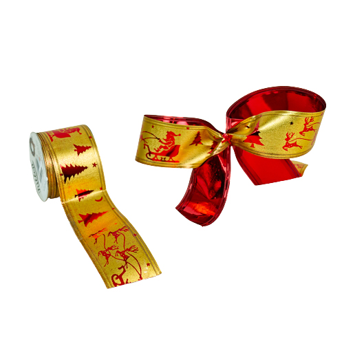 50mm x 10yds Stiff Foil Wired Edge Santa Red/Gold-0
