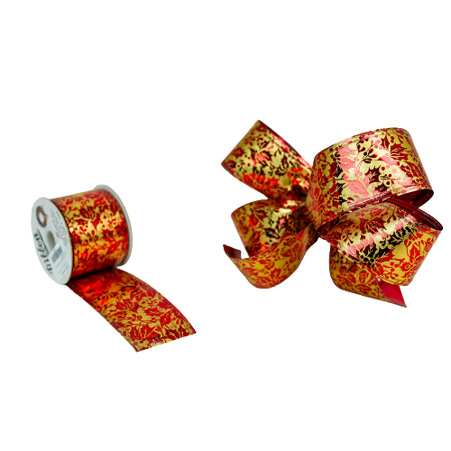 50mm x 10yds Stiff Foil Wired Edge Holly Red/Gold-0