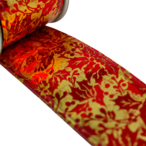 50mm x 10yds Stiff Foil Wired Edge Holly Red/Gold-25104