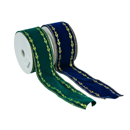 50mm Green Velvet Ribbon W/Gold Decor-25063