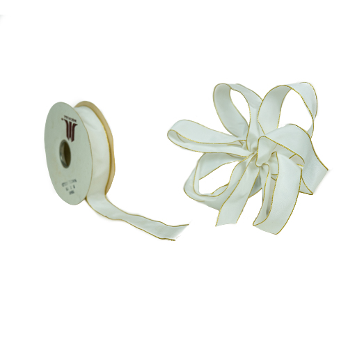 23mm x 15yds White Ribbon W/Gold Wired Edge-0