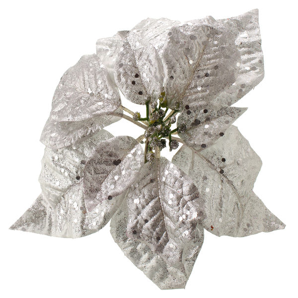 25cm Metallic Poinsettia Head with Clip Silver