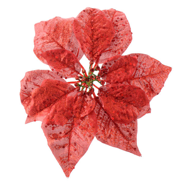 25cm Metallic Poinsettia Head with Clip Red-0