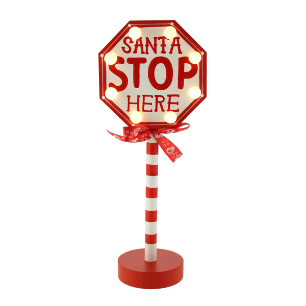 28.5cm Wood LED Stop Here Santa Sign Red-0