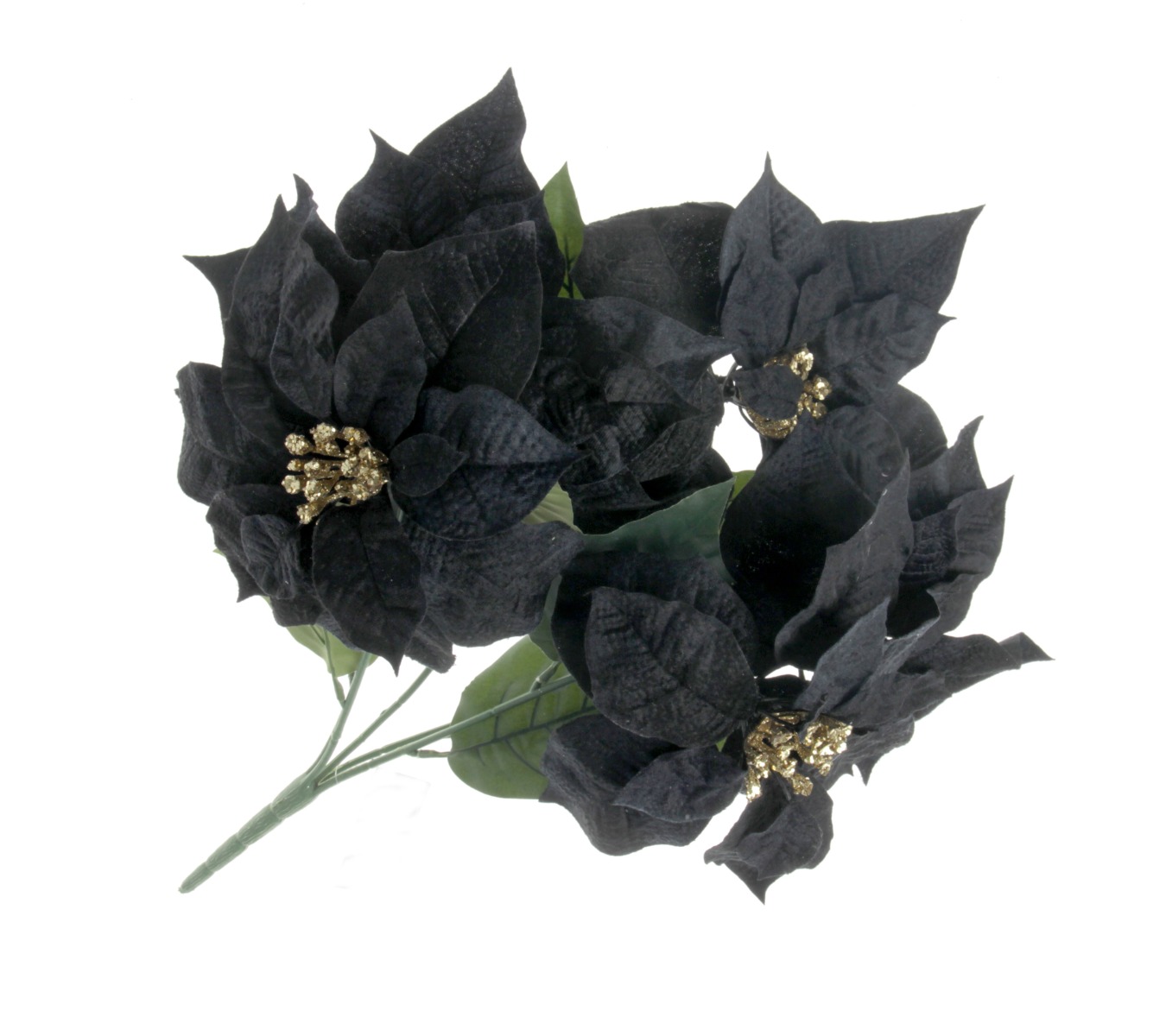 47cm Velvet Poinsettia Bush with 5 heads - Black-0