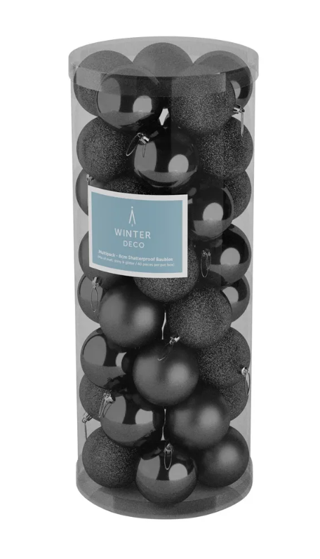 8cm Shatterproof Baubles Black x 48 (Matt, Shiny, Glitter)-0