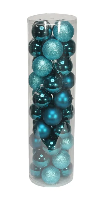 8cm Shatterproof Baubles x 48 Turquoise (Matt, Shiny, Glitter)-0