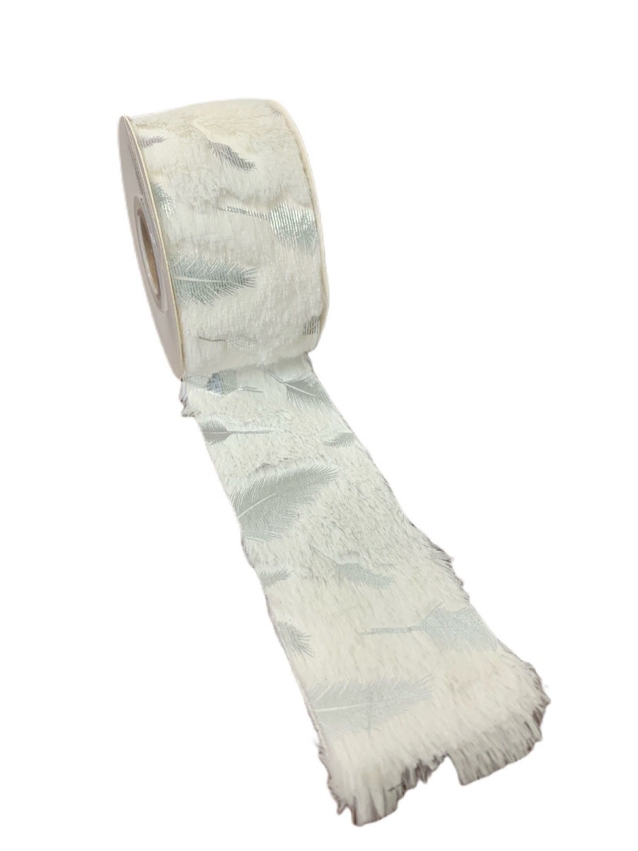 White Fur Ribbon W/Silver Leaf 63mm x 3yds-0