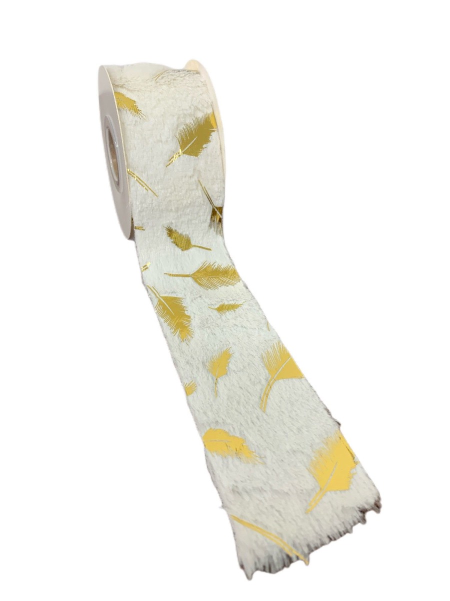 White Fur Ribbon W/Gold Leaf 63mm x 3yds-0