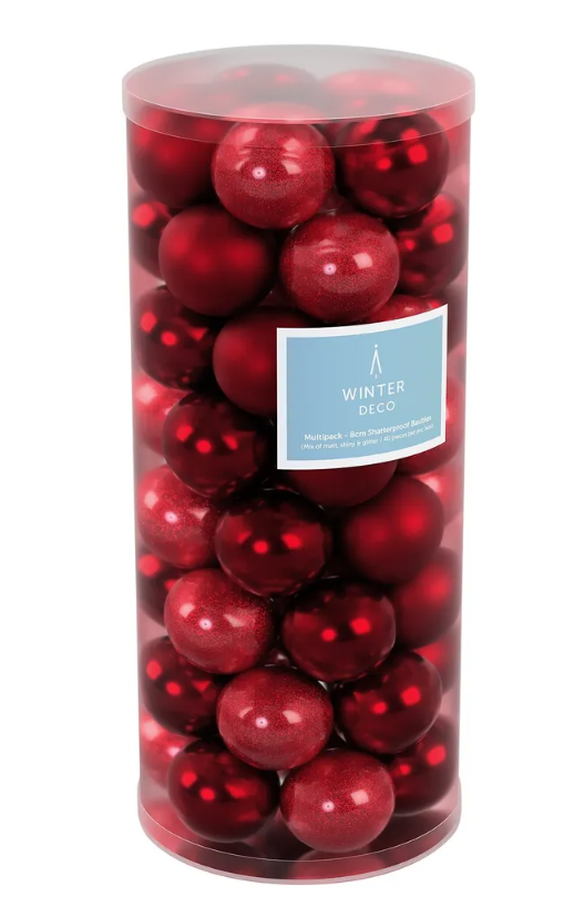 8cm Shatterproof Bauble x 48 Burgundy (Matt, Shiny, Glitter)