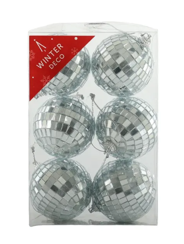 6cm Silver Disco Baubles x 6-0