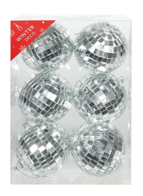 8cm Silver Disco Baubles x 6-0