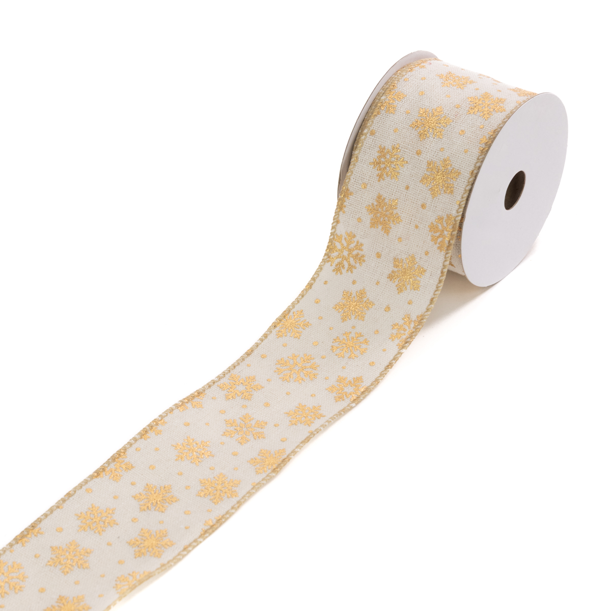 Linen Snowflake Ribbon 2.5"X10y White/Gold-0