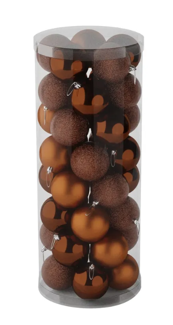 8cm Shatterproof Baubles x 48 Brown (Matt, Shiny, Glitter)