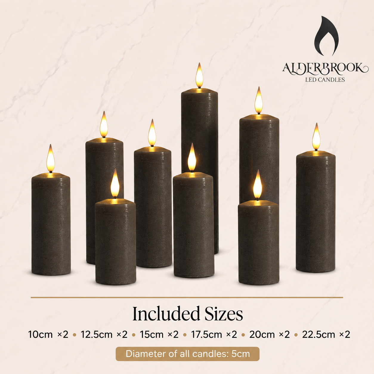 Alderbrook Pewter Set Of 9 LED Pillar Candles