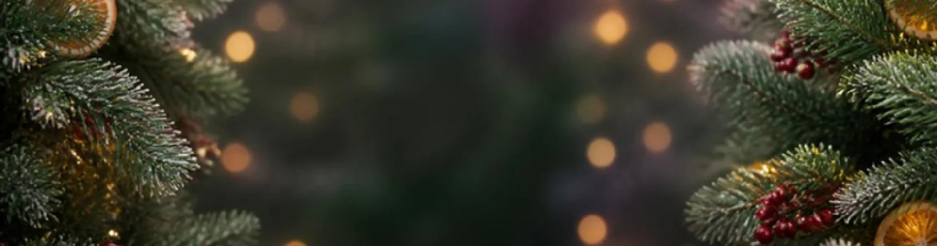 Evergreen pine branches with red berries and warm fairy lights