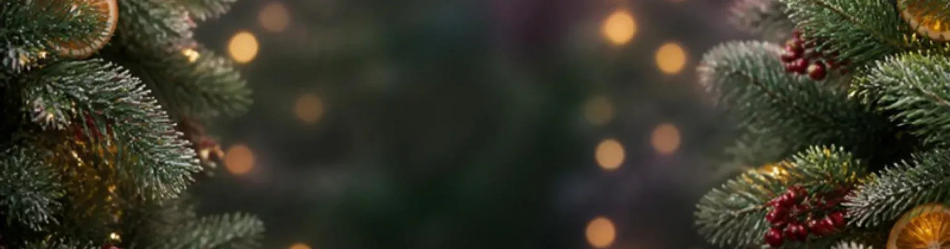 Evergreen pine branches with red berries and warm fairy lights